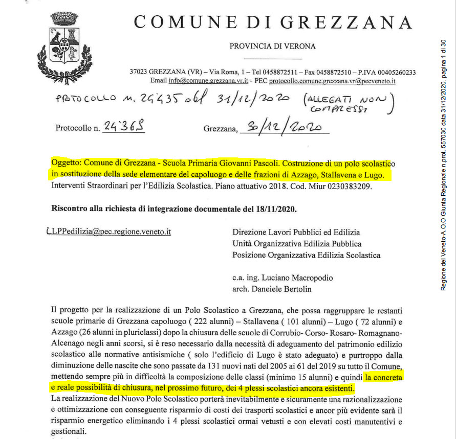 Il sindaco Arturo Alberti risponde alla Regione Veneto che le scuole di Azzago, Stallavena e Lugo verranno sostituite dal Polo Unico.