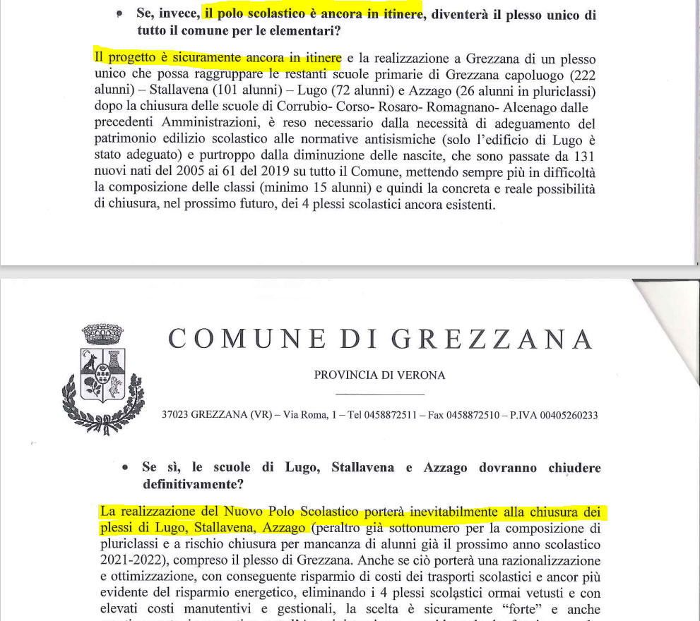 Il sindaco Arturo Alberti risponde ad interrogazione scritta dichiarando che chiuderà le scuole di Stallavena, Lugo e Azzago.